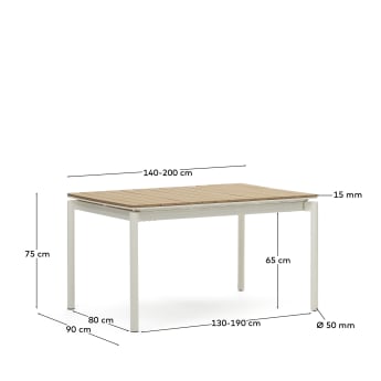 Canyelles extendable outdoor table, plastic lumber and matte white aluminium, 140 (200) x 90 cm - sizes