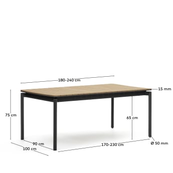 Table extensible de jardin Canyelles en bois d'œuvre en plastique et aluminium noir mat 180(240) x 100 cm - dimensions