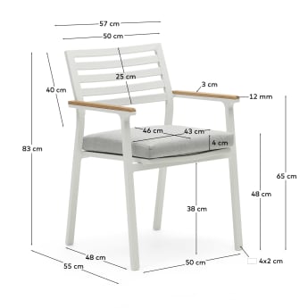 Chaise de jardin Bona aluminium finition blanche avec accoudoirs en bois de teck massif - dimensions