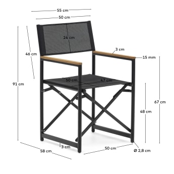 Chaise pliante 100 % d'extérieur Llado aluminium noir et accoudoirs en bois de teck massif - dimensions