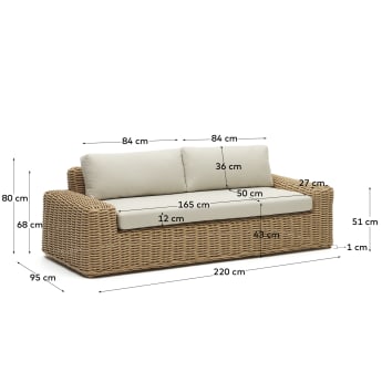 Portlligat 3 seater faux rattan outdoor sofa in a natural finish - sizes