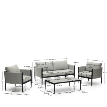 Ensemble Satuna 2 fauteuils, canapé 2 places et table basse en métal finition émaillée - dimensions