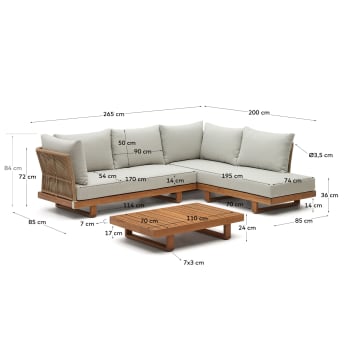 Conjunt Raco de sofà raconer 5 places i taula de centre de fusta massissa d'acàcia - mides