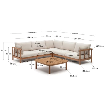 Σετ γωνιακού καναπέ 5θ και τραπέζι σαλονιού Sacova, μασίφ ξύλο ευκαλύπτου - μεγέθη
