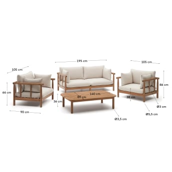 Set Sacova di 2 poltrone, divano a 2 posti e tavolino in legno massiccio di eucalipto FSC - dimensioni
