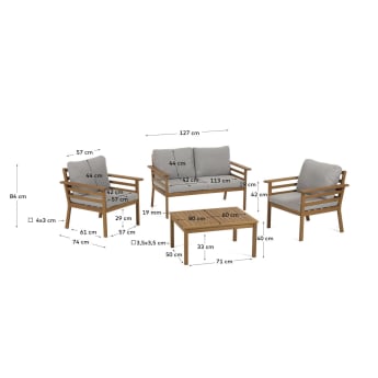 Vilma outdoor set of sofa, 2 chairs and coffee table of solid acacia wood 100% FSC - sizes