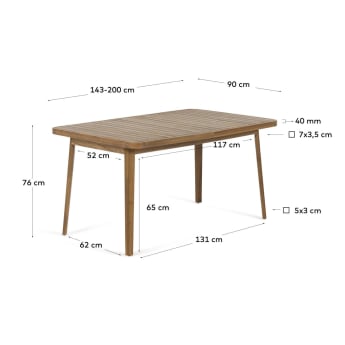 Mesa extensible de exterior Vilma de madera maciza de acacia 90 x 143 (200) cm FSC 100% - tamaños
