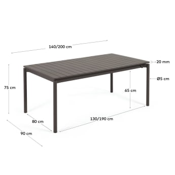 Ανοιγόμενο τραπέζι εξωτερικού χώρου Zaltana, μαύρο ματ αλουμίνιο, 140(200)x90 εκ - μεγέθη