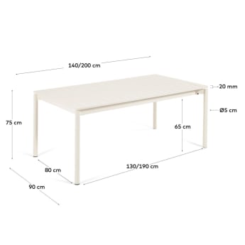 Table de jardin extensible Zaltana en aluminium blanc mat 140 (200) x 90 cm - dimensions