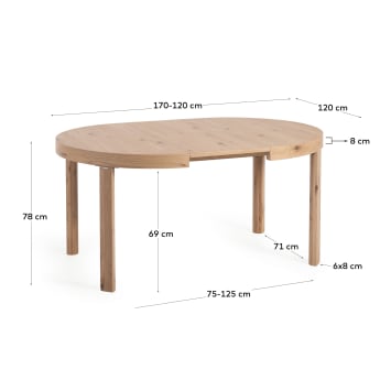Table extensible ronde Colleen contreplaqué chêne et pieds bois massif Ø120 (170) x 120 cm - dimensions