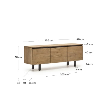 Uxue TV stand with 3 solid acacia wood doors in a natural finish, 150 x 58 cm - sizes