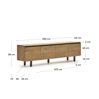 Uxue TV stand with 4 solid acacia wood doors in a natural finish, 200 x 58 cm - sizes