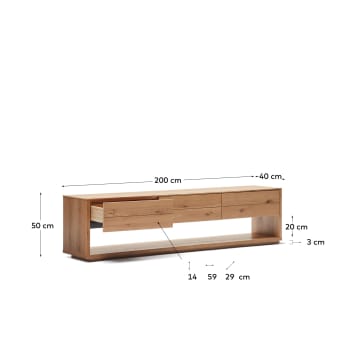 Alguema TV stand with 3 drawers in oak veneer with natural finish, 200 x 51 cm - sizes