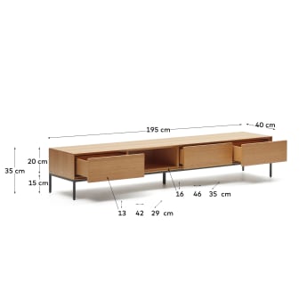 Meuble TV Vedrana 3 tiroirs placage de chêne et pieds en acier noir 195 x 35 cm - dimensions