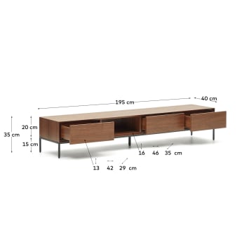 Vedrana 3 drawer TV stand in walnut veneer with black steel legs, 195 x 35 cm - sizes