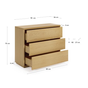 Commode Abilen 3 tiroirs en placage de chêne 90 x 75 cm FSC 100% - dimensions