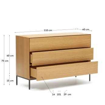 Vedrana 3 drawer chest of drawers in oak veneer with black steel legs, 110 x 75 cm - sizes