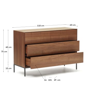 Vedrana 3 drawer chest of drawers in walnut veneer with black steel legs, 110 x 75 cm - sizes