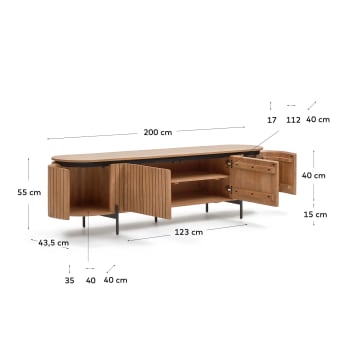 Licia TV stand with 4 doors, solid mango wood with natural finish and metal, 200 x 55 cm - sizes