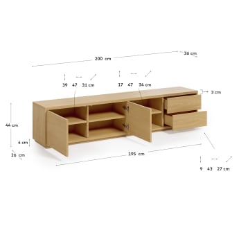Abilen oak wood veneer 2 door TV stand with 2 drawers, 200 x 44 cm FSC 100% - sizes