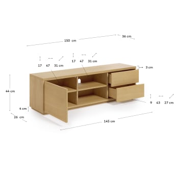 Abilen oak wood veneer single door TV stand with 2 drawers, 150 x 44 cm FSC 100% - sizes