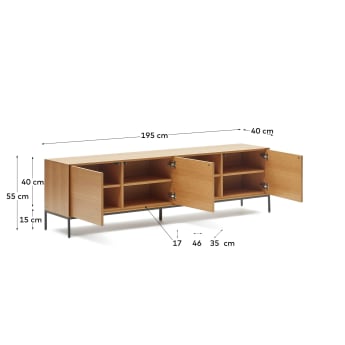 Vedrana TV-meubel met 3 laden in eikenfineer met stalen poten, 195 x 55 cm - maten