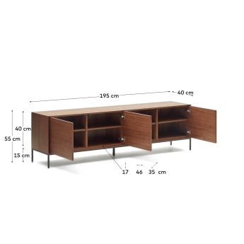 Vedrana 3 drawer TV stand in walnut veneer with black steel legs, 195 x 55 cm - sizes