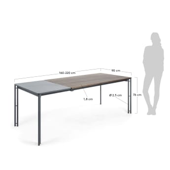 Kesia walnut veneer extendable table and steel legs in a black finish, 160 (220) x 90 cm - sizes
