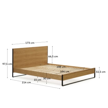 Taiana oak wood veneer bed with steel legs in a black finish, 160 x 200 cm - sizes