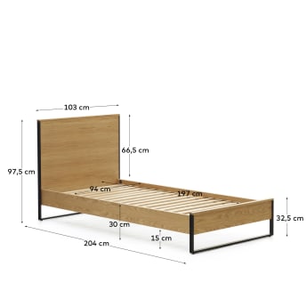 Taiana oak wood veneer bed with steel legs in a black finish, 90 x 190 cm - sizes