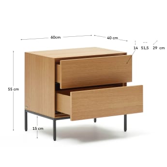 Table de chevet Vedrana 2 tiroirs placage de chêne et pieds en acier noir 60 x 55 cm - dimensions
