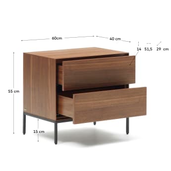 Vedrana Nachttisch 2 Schubladen aus Nussholzfurnier und Stahlbeinen in Schwarz 60 x 55 cm - Größen