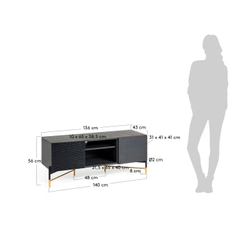 Meuble TV Milian 2 portes en placage de frêne et acier noir et doré 141 x 56 cm - dimensions