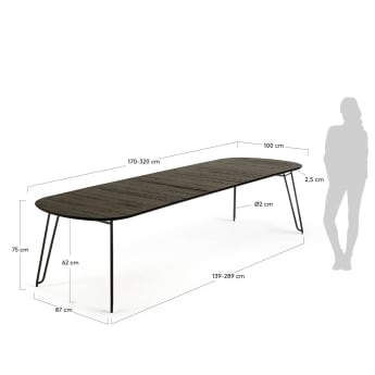 Table extensible Milian placage de frêne et pieds en acier noir 170 (320) x 100 cm - dimensions