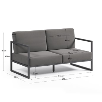 Canapé Comova 2 places 100 % pour extérieur gris foncé et aluminium noir 150 cm - dimensions