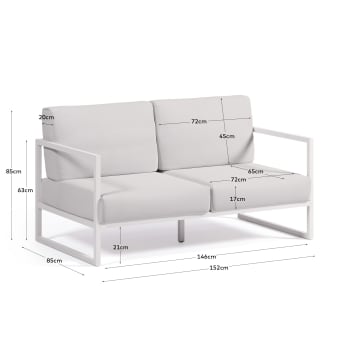 Sofa 2-osobowa Comova 100% ogrodowa w kolorze białym i białym aluminium 150 cm - rozmiary