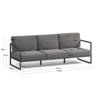 Sofa 3-osobowa Comova 100% ogrodowa w kolorze ciemnoszarym i czarnym z aluminium 222 cm - rozmiary