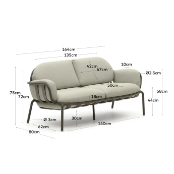 Joncols outdoor aluminium 2 seater sofa with powder coated green finish, 165 cm - sizes