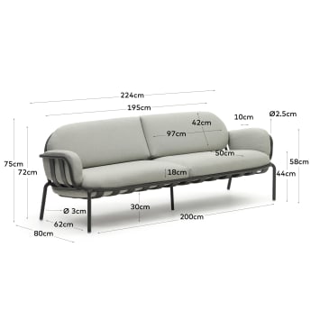 Joncols outdoor aluminium 3 seater sofa with powder coated grey finish, 225 cm - sizes