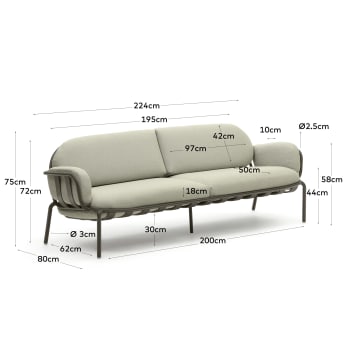 Sofa ogrodowa Joncols 3-osobowa z aluminium z zielonym wykończeniem 225 cm - rozmiary