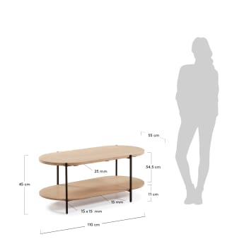 Mesa de centro Palmia 110 x 55 cm madeira maciça de mangueira pernas aço acabamento preto - tamanhos