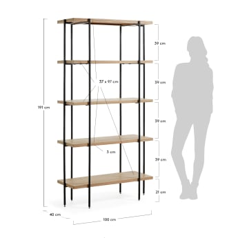 Palmia shelving unit in solid mango wood and metal black finish 100 x 191 cm - sizes