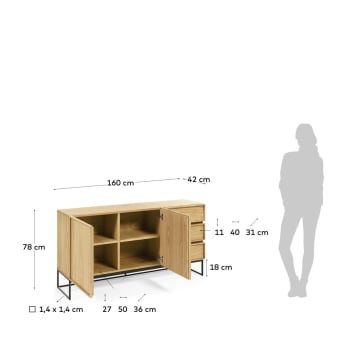 Taiana 2 door 3 drawer sideboard in oak veneer with black steel structure, 160 x 78 cm - sizes