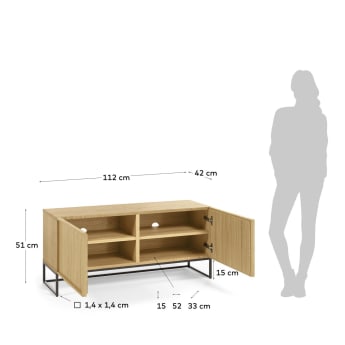 Taiana 2 door TV stand with oak veneer and steel frame in black finish, 112 x 51 cm - sizes