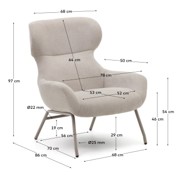Belina-fauteuil van beige chenille en staal met witte afwerking - maten