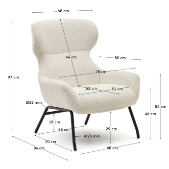 Belina-fauteuil van wit schapenvacht en zwarte staal. - maten