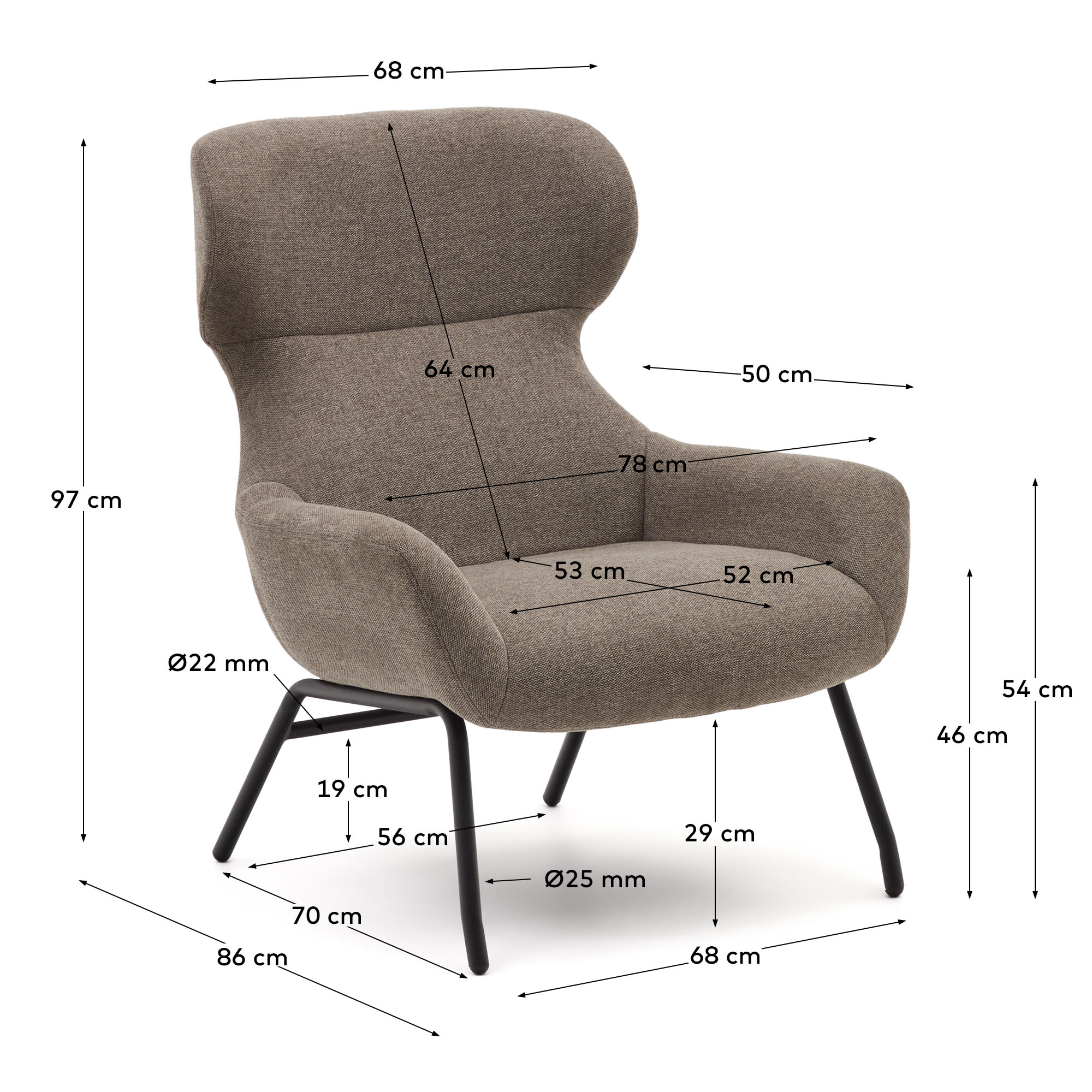 Belina chenille armchair in light brown and steel with black