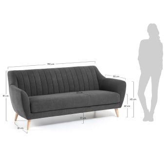 Obo 3 seater sofa in dark grey with solid oak wood legs, 190 cm - sizes
