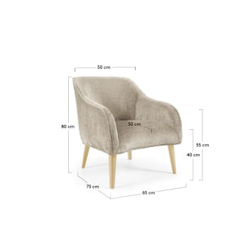 Bobly armchair in beige chenille with wooden legs with natural finish - sizes