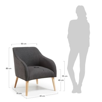 Bobly armchair in black with wood legs in a natural finish - sizes